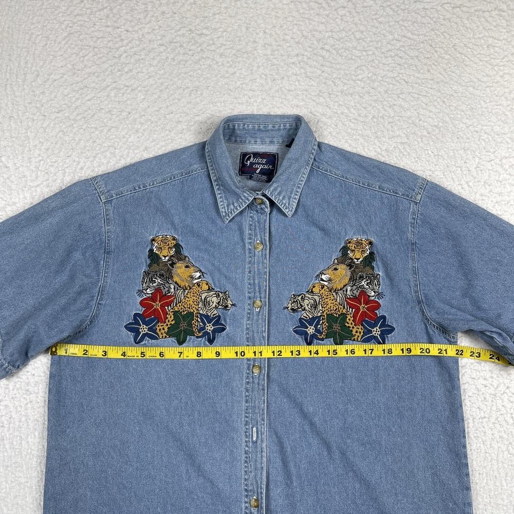 Quizz Again Denim Shirt Womens Medium Blue Embroidered‎ 90s Safari Animals - Picture 10 of 13